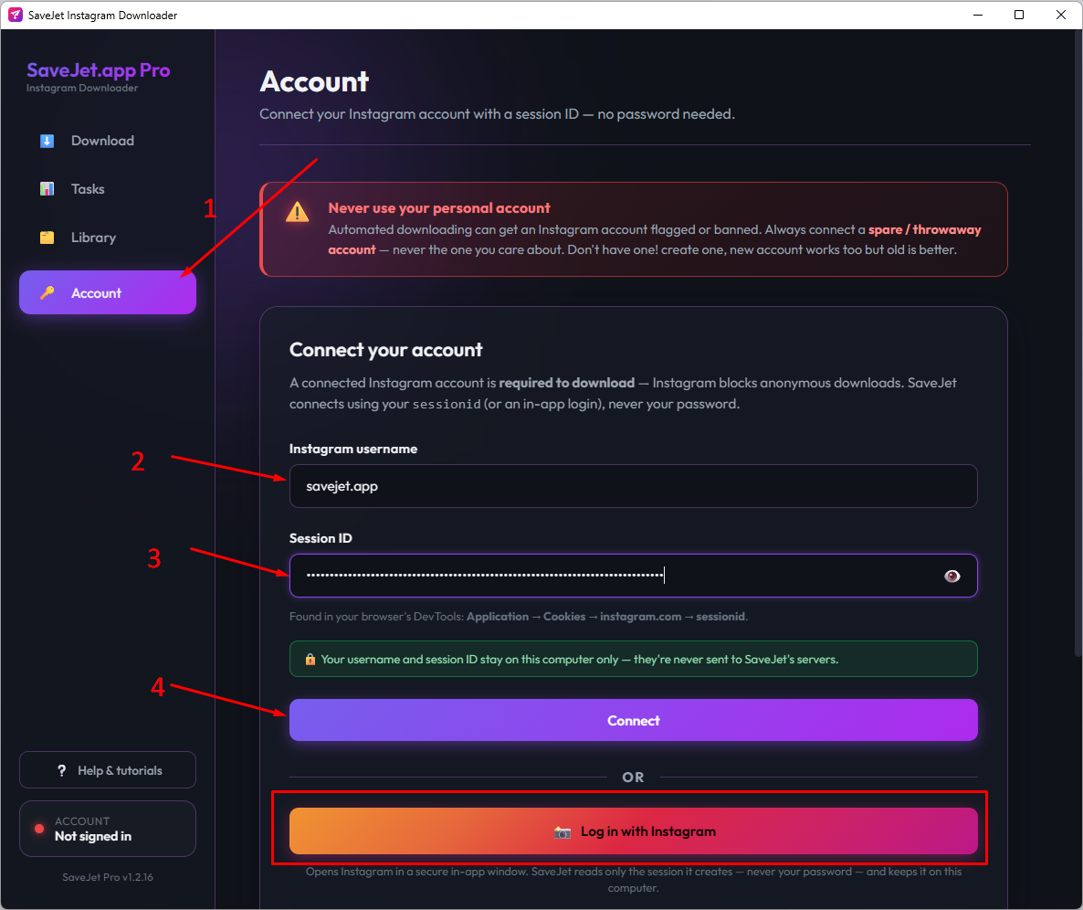 SaveJet Account tab with the session ID field, before signing in