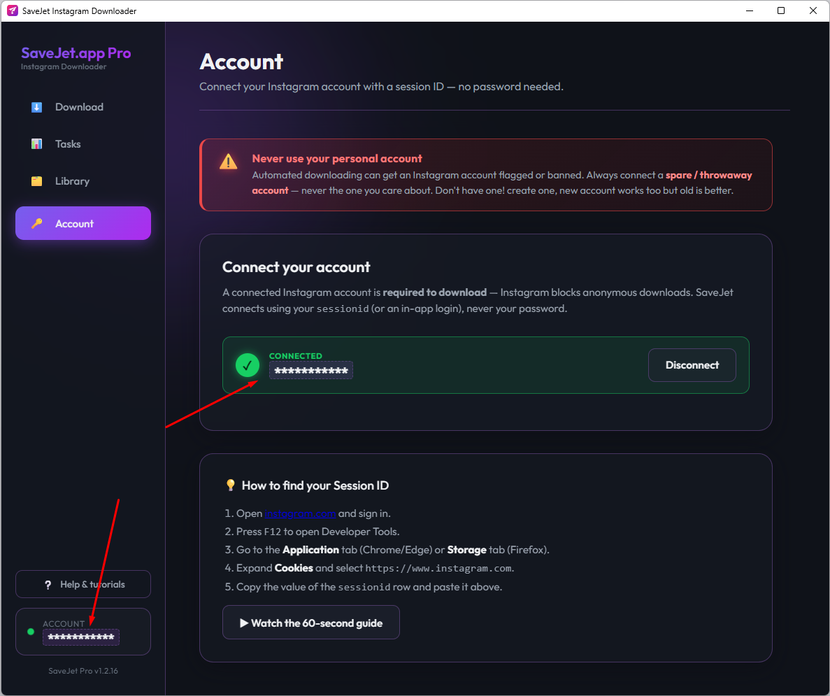 SaveJet Account tab connected, showing the signed-in username and a green status dot