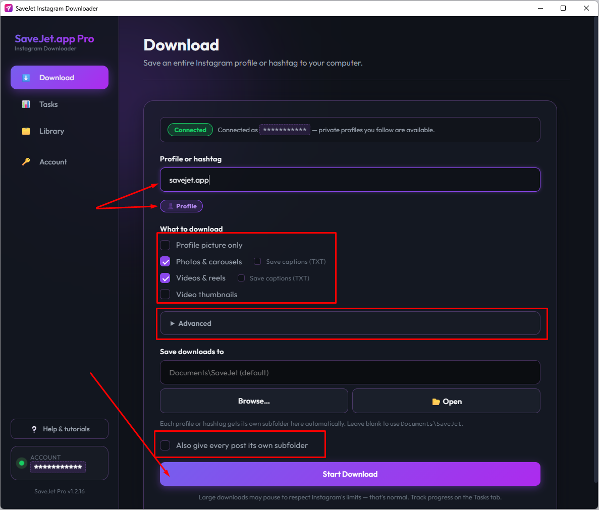 SaveJet Desktop — paste a profile or hashtag and download the whole account