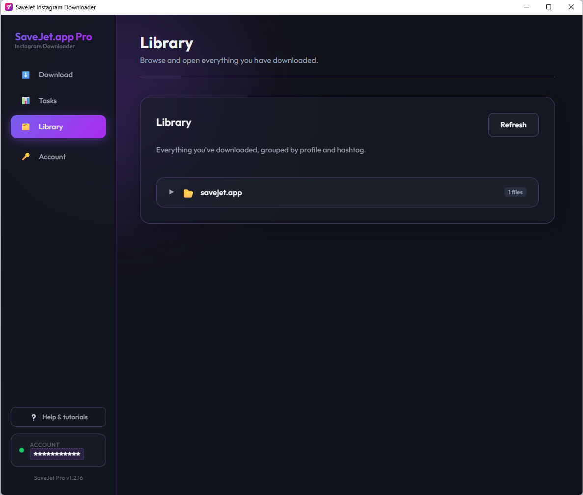 SaveJet Library tab listing downloaded items
