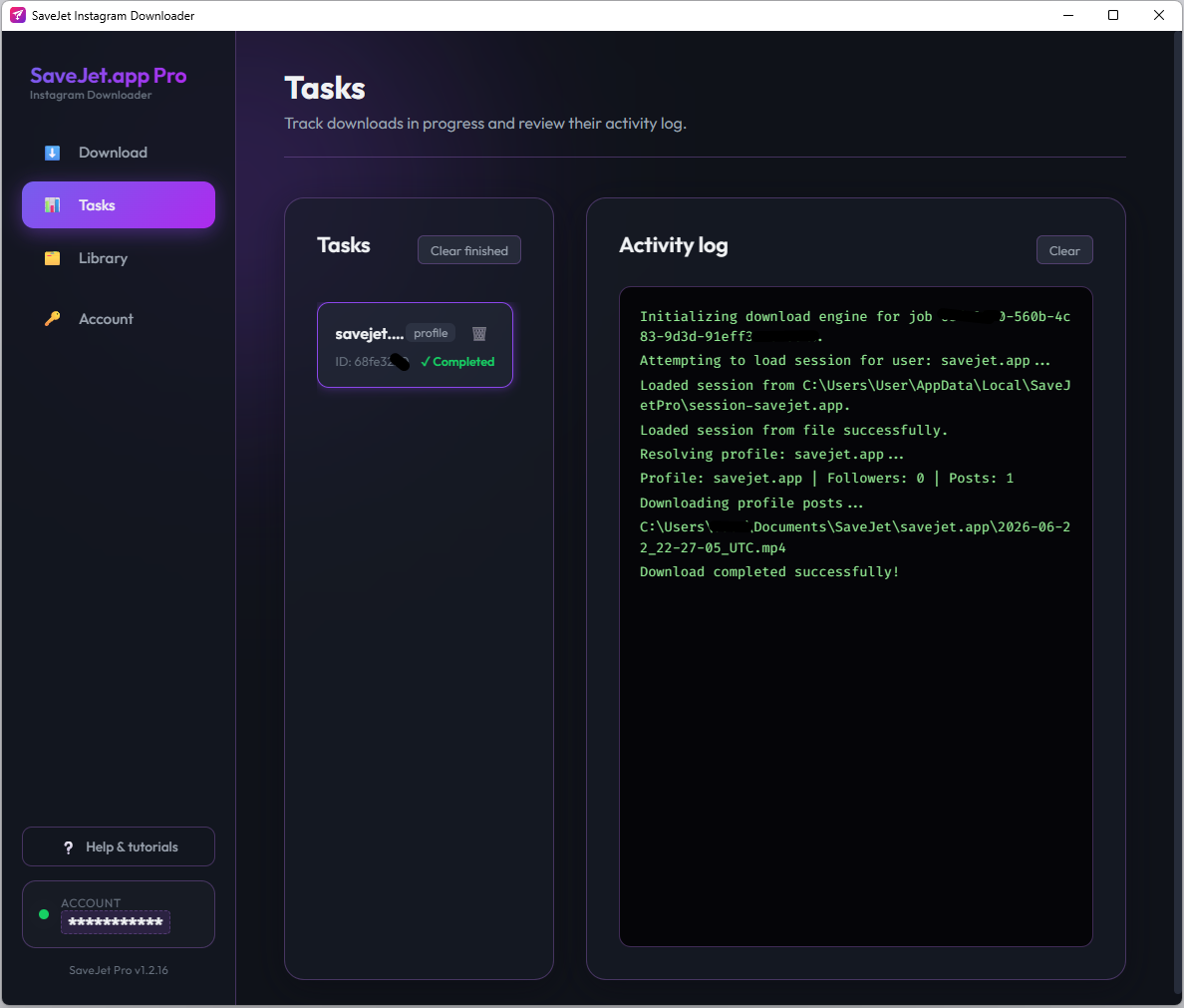 SaveJet Tasks tab showing completed downloads