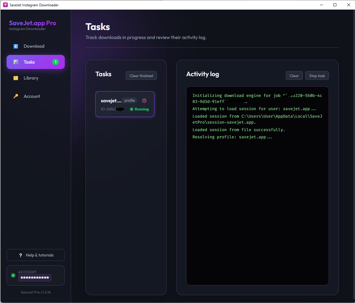 SaveJet Tasks tab with a download in progress