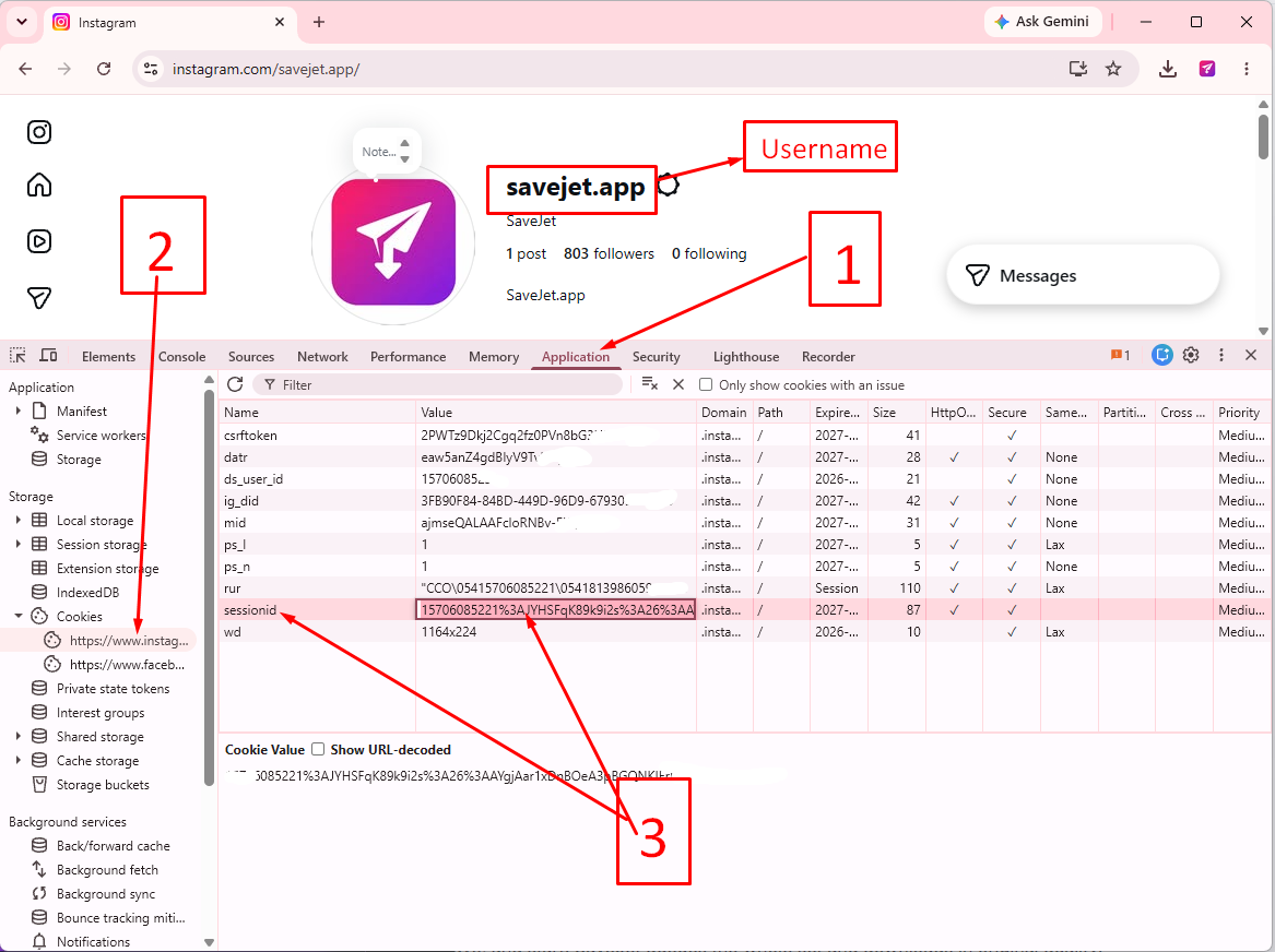 Browser DevTools Application tab showing the Instagram sessionid cookie value to copy