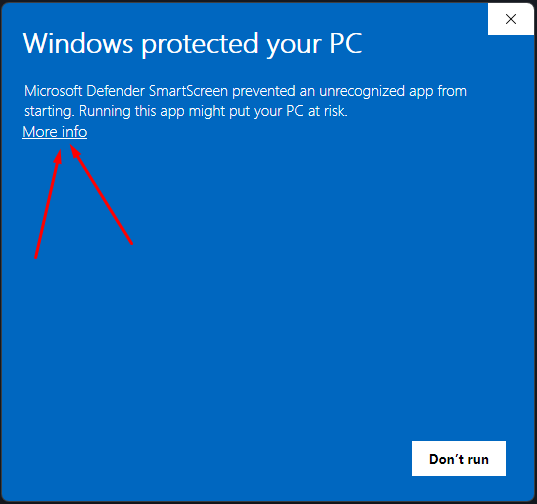Windows SmartScreen dialog 'Windows protected your PC' with the 'More info' link to click