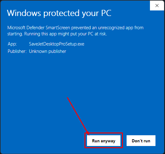 Expanded SmartScreen dialog showing SaveJetDesktopProSetup.exe and a 'Run anyway' button