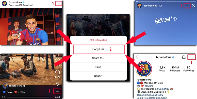 Copying an Instagram link — tap the three-dots (⋯) menu on a post, reel, or story and choose Copy Link